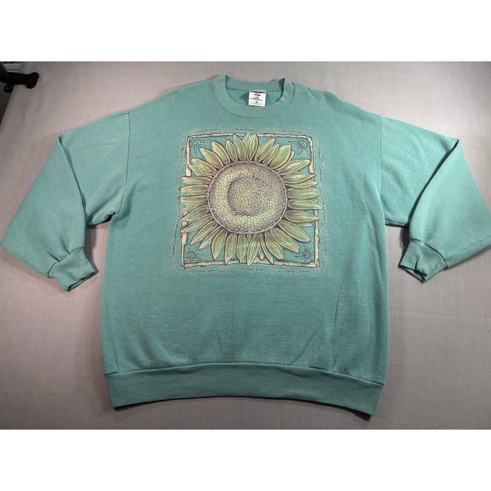 Vintage Jerzees Sweatshirt Womens XL Green Sunflower Crewneck Pullover